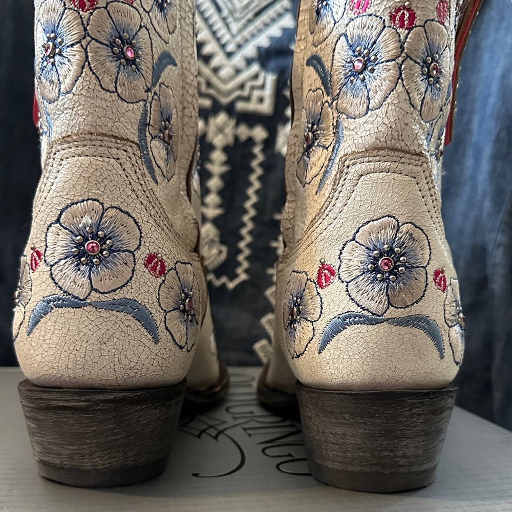Old Gringo Vermillion Crackle Taupe Floral Embroidered studded Western Booties - Picture 12 of 12